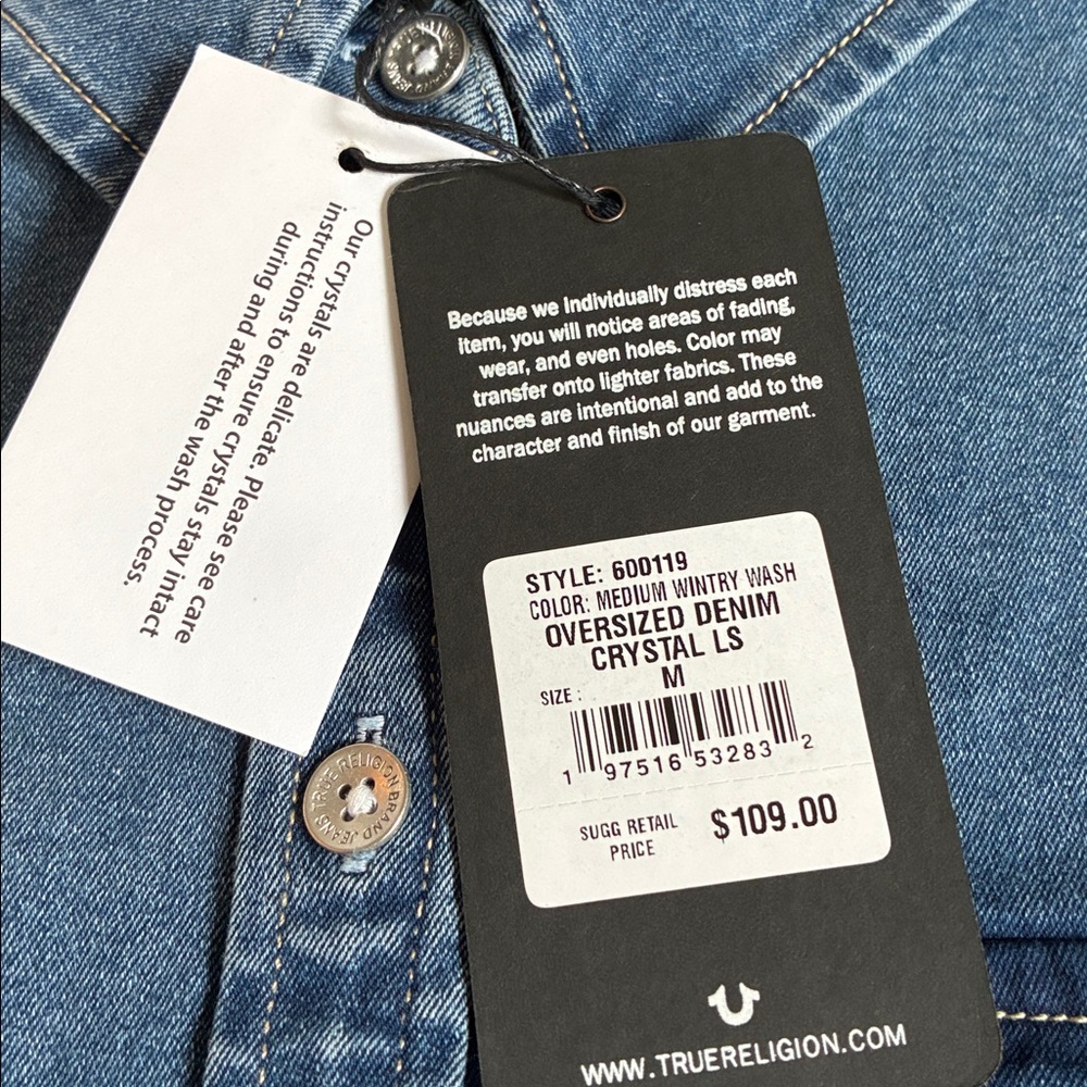 True Religion Oversized Denim Button up Shirt Crystal logo Women’s M NWT Western - Picture 5 of 14